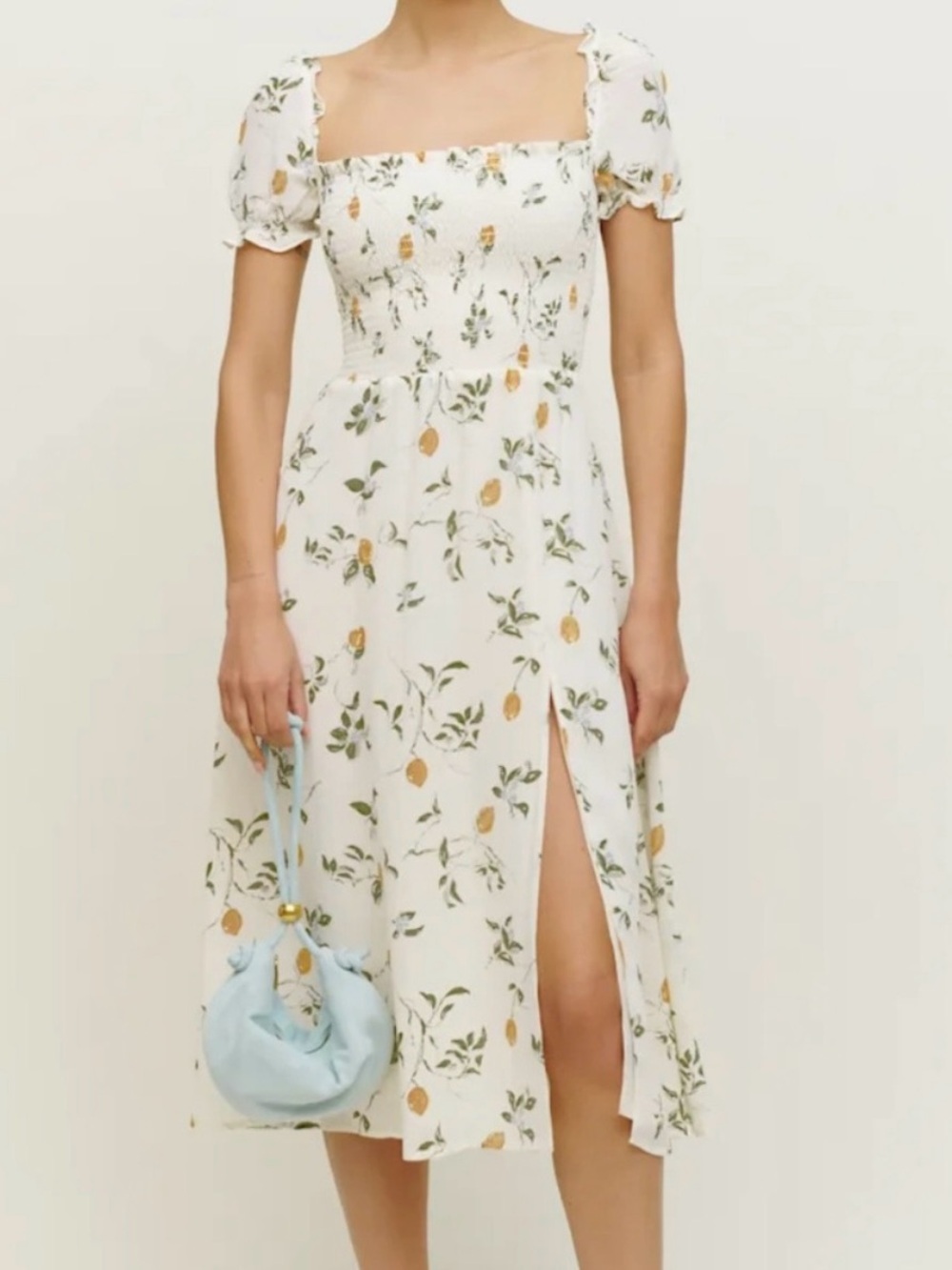 NWT! Reformation Inka Dress in ‘Citron’ Pattern | Bridal Smocked Midi Dress
